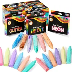 72 PCS Washable Sidewalk Chalks Set in 12 Packs, 18 Colors, Including 12 Tie Dye, 12 Glitter & 12 Neon Colors, School Supplies, Classroom Must Haves, Gift for Kids