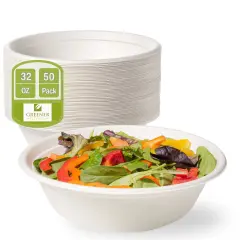 Greener Settings 32 oz Compostable Paper Bowls, 50-Pack &ndash; Heavy-Duty Bagasse, Biodegradable, Microwavable, Freezer Safe, Leak-Resistant, Eco-Friendly for Hot and Cold Foods