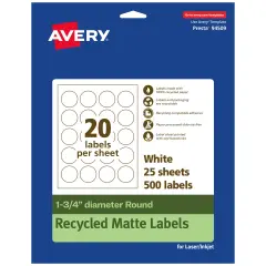Avery Recycled Matte White Labels,1-3/4" diameter Round