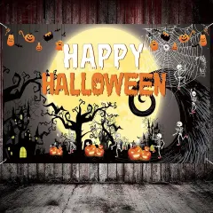 Happy Halloween Theme Fabric Sign Poster Banner Backdrop with Pumpkin