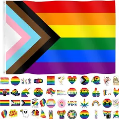 Progress Pride Flag 3x5 Feet LGBTQ Pride Month Accessories Gay LGBT Community Support Gay Pride Rainbow Flag Banner Decorations for Parades Party with 60 Stikers