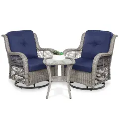 Best Choice Products 3-Piece Patio Wicker Bistro Furniture Set w/ 2 Cushioned Swivel Rocking Chairs, Side Table Navy