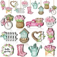 36 Pcs Spring Flower Wooden Ornaments Sunflower Tulip Lavender Tree Decoration Floral Gnome Hanging Wood Cutout Pastel Spring Decor for Home Small Tree Party(Sweet Spring)