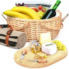 Dual Wicker Picnic Basket Set with Blanket for 2 - Unique Gifts Ideas for Couple, Engagement, Wedding, Bridal Shower, Family