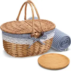 Picnic Basket with Blankets and Bamboo Plates Picnic Supplies Set Basket with Lid and Handle Wicker Picnic Basket Sturdy Woven Body with Washable Lining for Camping(Blue)