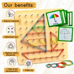 Wooden Geoboard - Montessori Toys for 3 4 5 Year Old Kids and Toddlers, Educational Toy with 30 Pattern Cards and 40 Rubber Bands to Create Figures, Brain Teaser STEM Toy Geo Board