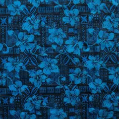 1 Yard Hibiscus Traditional Tapa Design Fabric, 100% Polyester, 60 Inches Width Blue