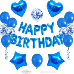 30 Pcs Blue -Happy Birthday Balloons Banner 16 Inch Mylar Foil Letters with Star & Heart