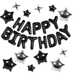 Happy Birthday Banner 13pcs 16 Inch Mylar Foil Letters with 12pcs Star Balloons Birthday Party Decorations for Kids and Adults - 3D Black