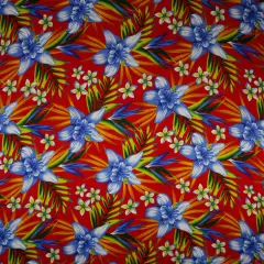 1 Yard Hippeastrum Plumeria Birds of Paradise Palm Leaves Rayon Challis Fabric 45" Wide Red