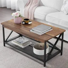 39.4" Modern Metal X Coffee Table with Brown Wood Grain Finish and 2-Tier Storage Shelf