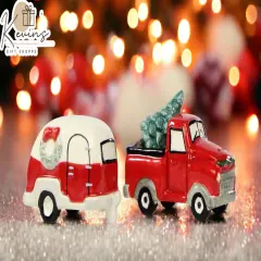 Ceramic Red Truck with Christmas Tree & Trailer Salt And Pepper Shakers, Home D&eacute;cor, Gift for Her, Gift for Mom, Kitchen D&eacute;cor