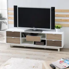 Modern 70-Inch White TV Stand with Natural Wood Shelves & Storage