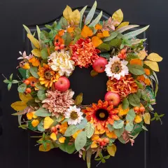 Fall Wreath 24 Inch Fall Wreaths for Front Door Autumn Wreath with Artificial Apples, Dahlias, Sunflowers & Maple Leaves Outdoor or Indoor Autumn Decor
