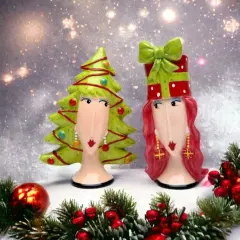 Ceramic Lady Wigs Christmas Tree And Gift Salt & Pepper Shakers, Gift for Her or Mom, Gift for Friend, Gift for Coworker, Kitchen D&eacute;cor