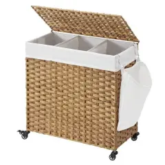 Plastic Laundry Basket Cart with Metal Frame and 3 Removable Bags Natural