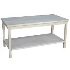 36" Rectangular Unfinished Wood Coffee Table with Open Shelf and Butcher Block Surface for Living Room
