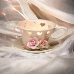 Hand Crafted Ceramic Rose Cup Tealight Candle Holder, Wedding D&eacute;cor, Wedding Gift, Wedding Favor, Anniversary D&eacute;cor, Anniversary Gift