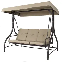 Tan 3-Seat Outdoor Patio Canopy Swing with Cushions for Porch Deck