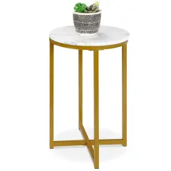 Round Cross Leg Coffee Side Table with Faux Marble Top for Living Room