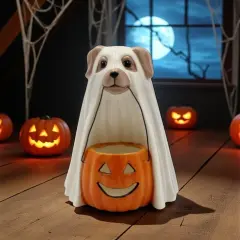 Ceramic Halloween Ghost Dog Holding Pumpkin Jack-O-Lantern T-light Candle Holder, Home D&eacute;cor, Gift for Her, Gift for Mom, Dog Lover Gift