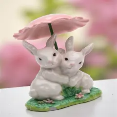 Ceramic Bunny Rabbits Sharing a Flower Umbrella, Home D&eacute;cor, Gift for Her, Gift for Mom, Kitchen D&eacute;cor, Spring D&eacute;cor, Easter D&eacute;cor
