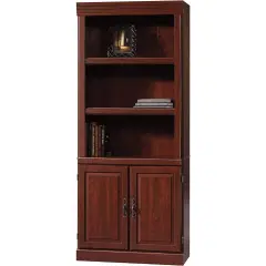 71" Cherry Brown Wooden Hidden Storage Bookcase with Doors and 3 Shelves for Home or Office