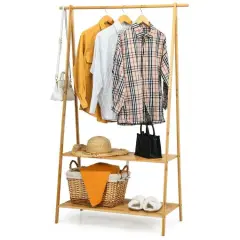 Natural Wicker Garment Rack with Shelves and Hanging Rod for Small Spaces