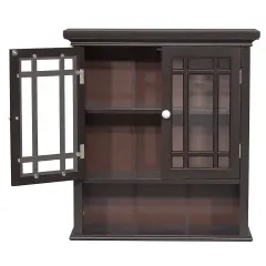 Dark Espresso Wall Cabinet with Glass Doors and Open Shelf Modern Bathroom Storage Organizer MDF Mount