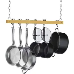 Ceiling Mounted Wooden Pot Rack with Hooks for Kitchen Storage