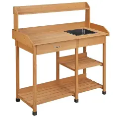 Brown Solid Fir Wood Potting Bench with Sink, Drawer and Shelves