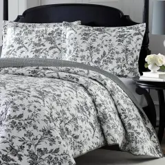 King Size Grey White Floral Reversible Quilt Set 3 Piece Bedding