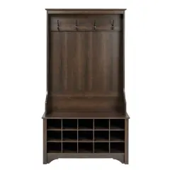 15 Cubbies Wooden Hall Tree with Shoe Storage Bench and Coat Hooks for Entryway Organization Dark Brown