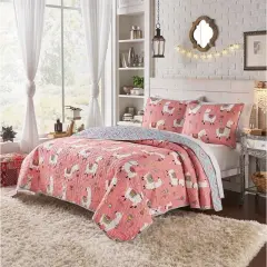 Pink Cotton Reversible Floral Llama Quilt Set with Shams