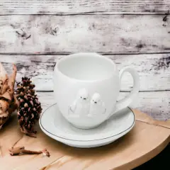 Ceramic White Birds Cup And Saucer, Gift for Her, Gift for Mom, Tea Party D&eacute;cor, Caf&eacute; D&eacute;cor, Farmhouse Kitchen D&eacute;cor