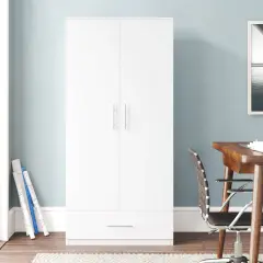 Modern White Armoire Wardrobe Closet with Storage Drawer and Hanging Rod