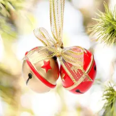 Ceramic Red and Gold Christmas Tree Ornament Bells with Gold Ribbon, Christmas Decor