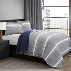 Queen Grey Navy Cotton Reversible Quilt Set with Shams