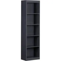 Narrow 5 Shelf Bookcase for Living Room in Dark Blue Black Finish Adjustable Freestanding Slim Storage Unit