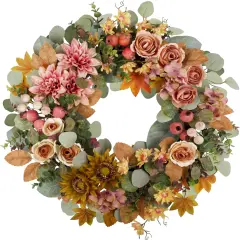 24" Fall Wreath for Front Door, Handmade with Faux Dahlia Camellia Sunflower