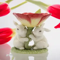 Ceramic Easter Bunnies Holding Red Flower T-Light Candle Holder, Home D&eacute;cor, Gift for Her, Gift for Mom, Kitchen D&eacute;cor, Spring D&eacute;cor