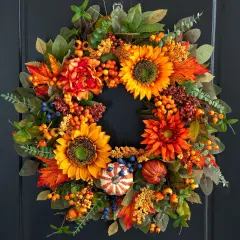 24 Inch Fall Autumn Wreath with Pumpkins