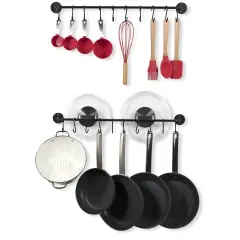 Set of 2 Black Metal Wall Mounted Pot Racks with 20 Hooks