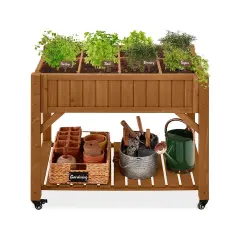 Elevated Fir Wood Planter Box with Adjustable Compartments and Wheels