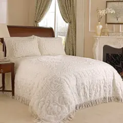 King Size Cotton Chenille Bedspread White Ivory Beige with Fringe Edges