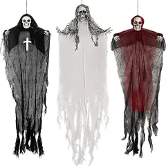 3Pack-Halloween Hanging Skeleton Ghosts,One 36&rdquo; and Two 32&rdquo; Halloweens Grim Reapers,