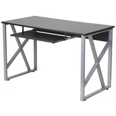 Black Laminate Office Desk with Sliding Keyboard Tray and Silver Powder-Coated Frame