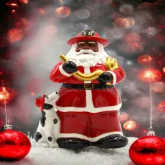 African American Firefighter Christmas Santa with Dalmation Dog Cookie Jar, Home D&eacute;cor, Gift for Her, Him, Dad, Mom, Kitchen D&eacute;cor