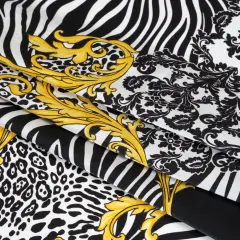 1 Yard Black, White, Yellow & Gold Floral Scrolls Silk Charmeuse Print, 53 Inches Width