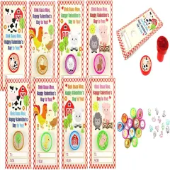 Tiny Mills 36 PACK Farm Animals Barnyard Valentine's Day Cards with Stampers for Valentine's Day Classroom Exchange